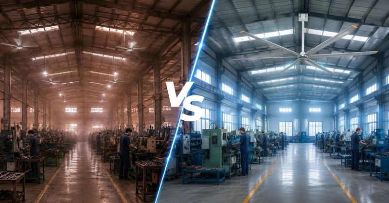 comparison of multiple small fans with 1 Krissvent HVLS fan